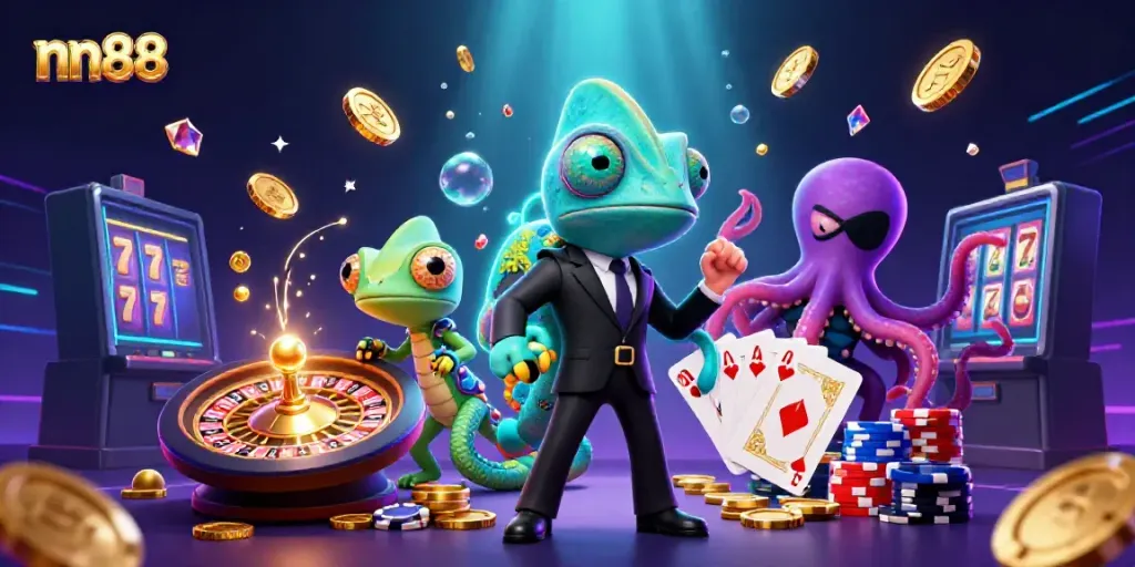 Experience the thrill of nn88 with a dynamic casino scene featuring vibrant characters and game elements.