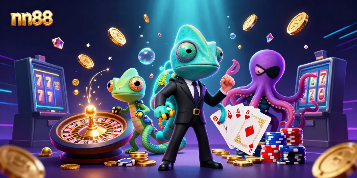 Experience the thrill of nn88 with a dynamic casino scene featuring vibrant characters and game elements.