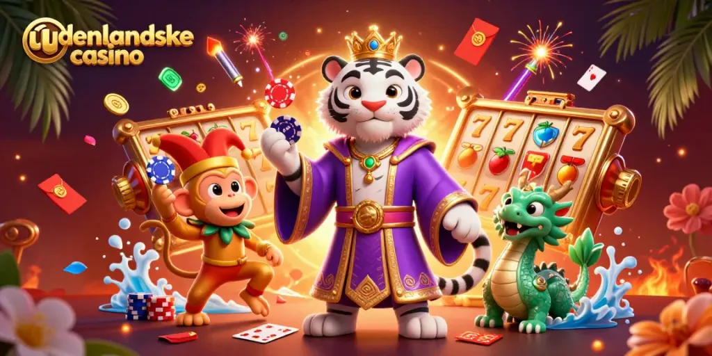 Experience the excitement of udenlandske casino with a vibrant 3D illustration of a royal tiger, jester monkey, and jade dragon.
