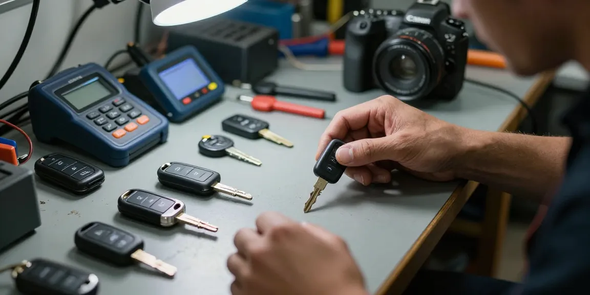 Ersatzschlüssel auto: Ein Schlüsselservice, der sich auf die Reparatur und den Austausch von Autoschlüsseln spezialisiert hat, mit verschiedenen Autoschlüsseln auf einem Werkstatttisch.