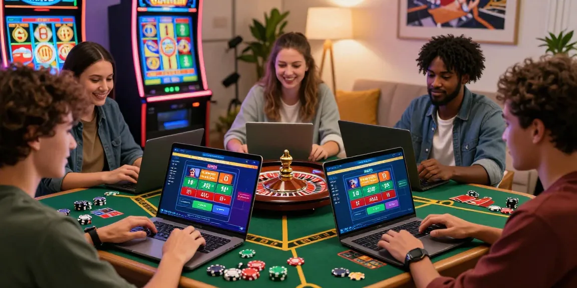 Spannende Paysafe Card Casino-Spielszene mit Spielern, die Online-Slots und Tischspiele in einer lebhaften Heimatmosphäre genießen.