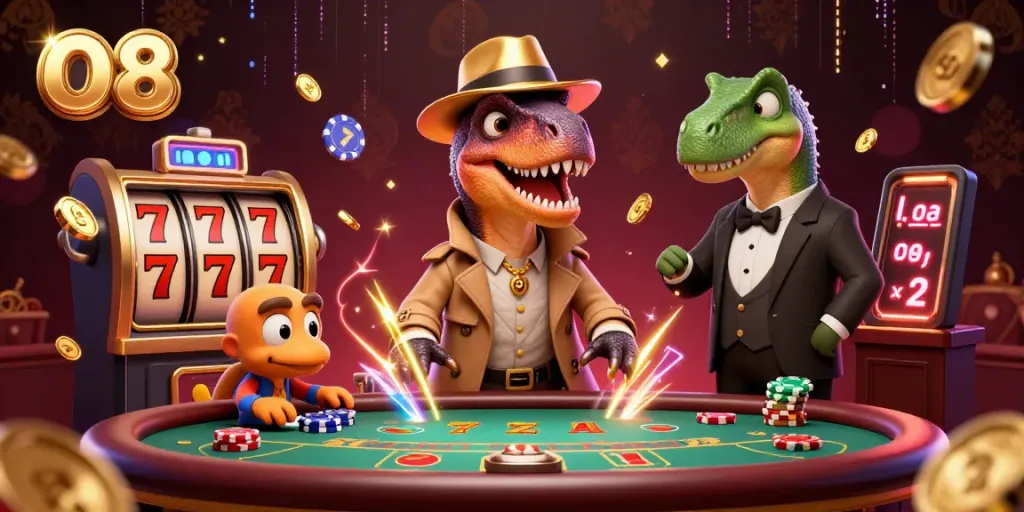 Engage with O8's vibrant casino world featuring a cartoon velociraptor at a blackjack table.