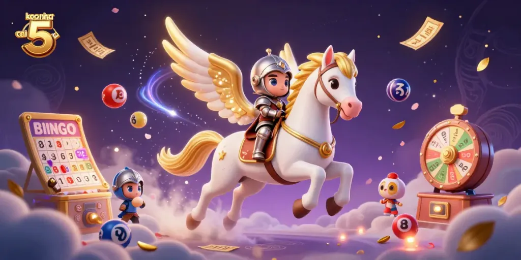 Engage with keo nha cai 5, showcasing dynamic lottery balls and a heroic knight atop a mystical horse.