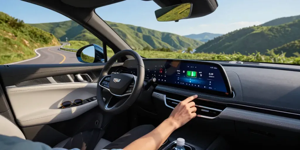 Do the Driving Modes in the Cadillac Lyriq Offer Different Ranges or Battery Usages? Driver adjusting settings in a modern Cadillac Lyriq.
