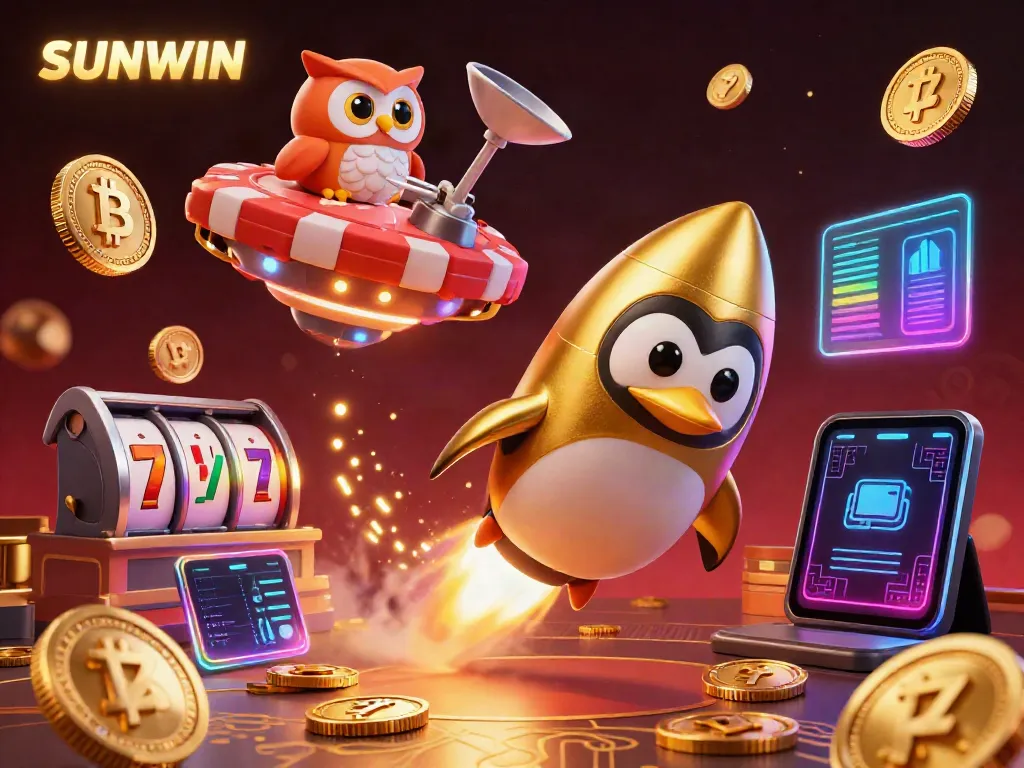 Experience the thrill of SUNWIN with a golden penguin racing towards a casino in this vibrant 3D illustration.