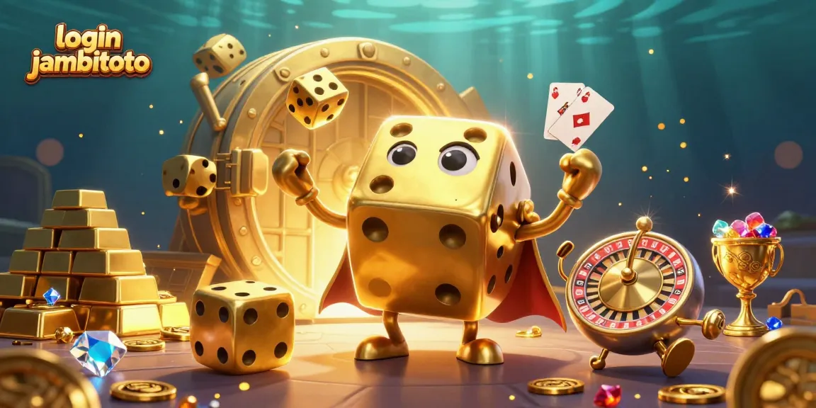 Experience the excitement of login jambitoto with a vibrant 3D casino illustration featuring golden dice and treasures.