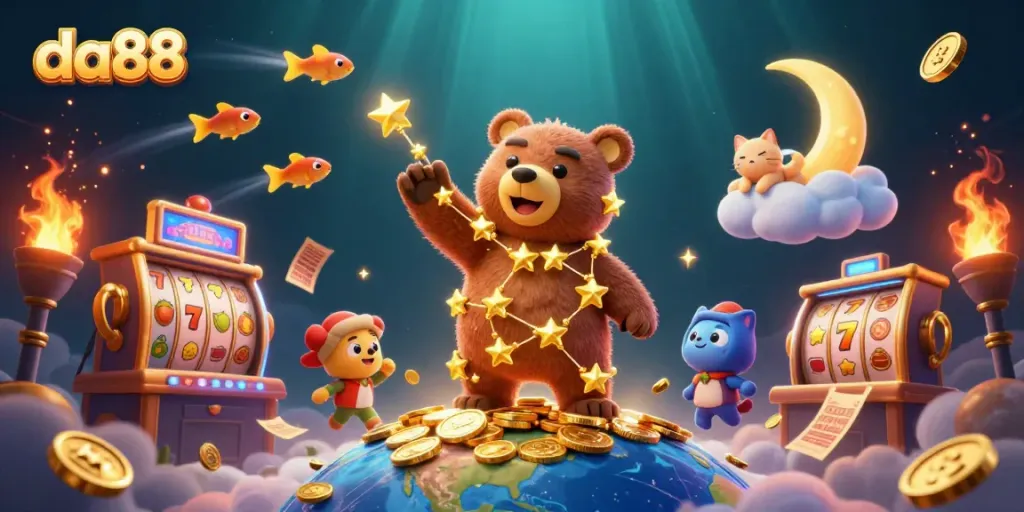 Experience the magic of da88 with our vibrant illustration featuring a constellation bear and dynamic casino elements.