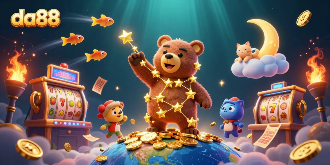 Experience the magic of da88 with our vibrant illustration featuring a constellation bear and dynamic casino elements.