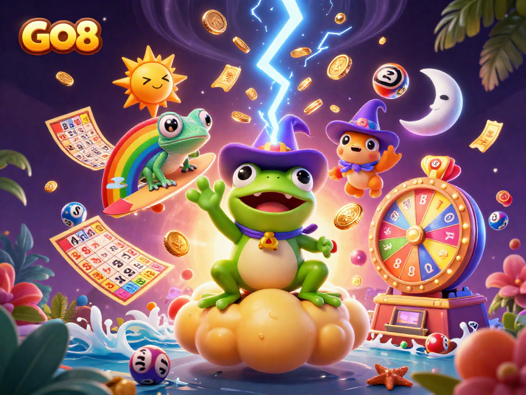 Win big at GO8 with a lively scene of gaming magic, featuring lucky characters and colorful lottery elements.