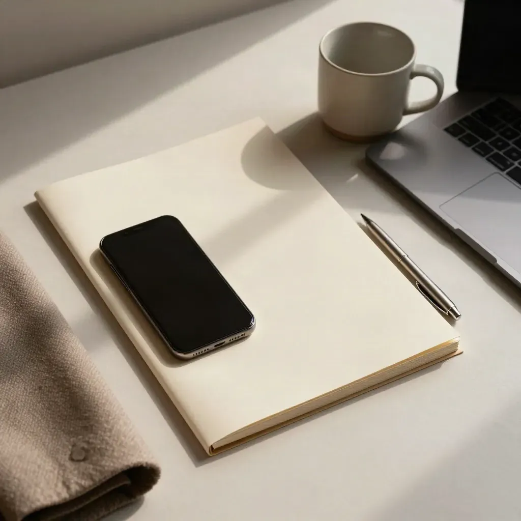 Cremefarbene Bewerbungsmappe mit Laptop, Handy, Stift und Blazeraufschlag auf hellem Putz.