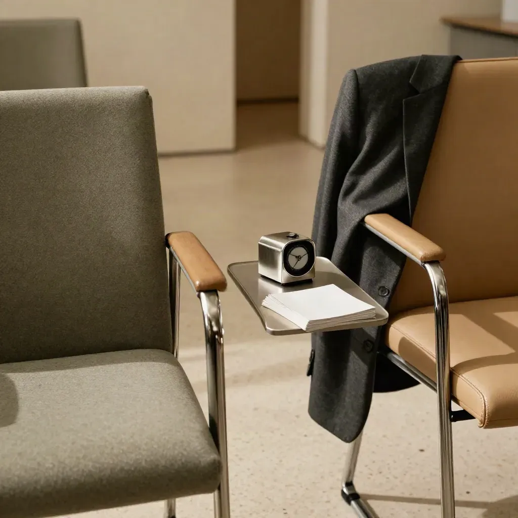 Leere Interviewstühle mit Blazer, Timer und Kartenstapel in ruhigem Coachingraum.