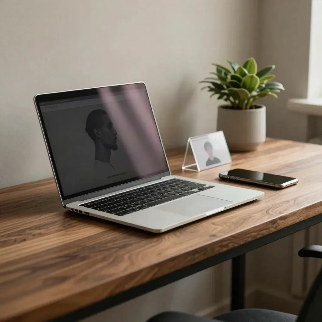 Schreibtischszene mit Laptop, Handy und Pflanze im Morgenlicht