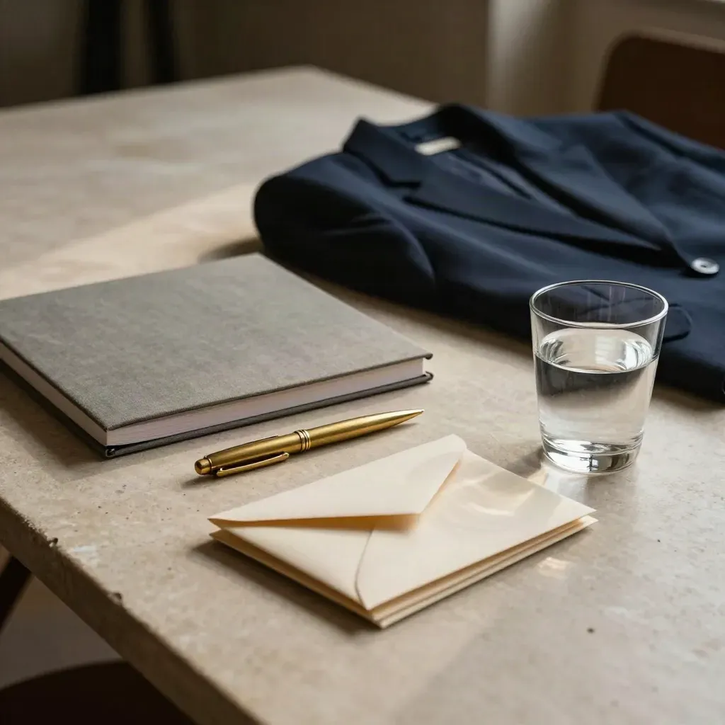 Gehaltsgespräch ruhig inszeniert: Blazer, Notizbücher, Umschläge und Wasserglas auf hellem Steintisch.