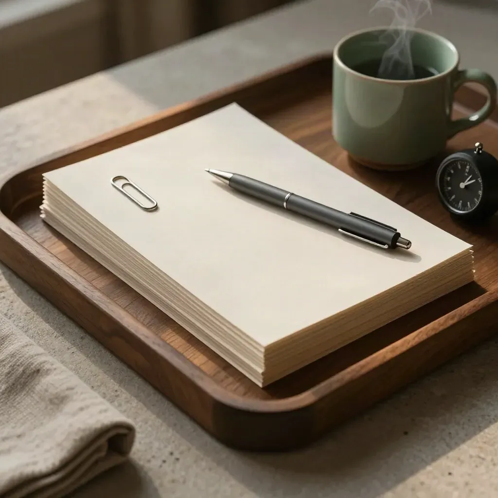 Papierstapel mit Stift und Timer auf Steinschale neben einer Tasse im warmen Licht.
