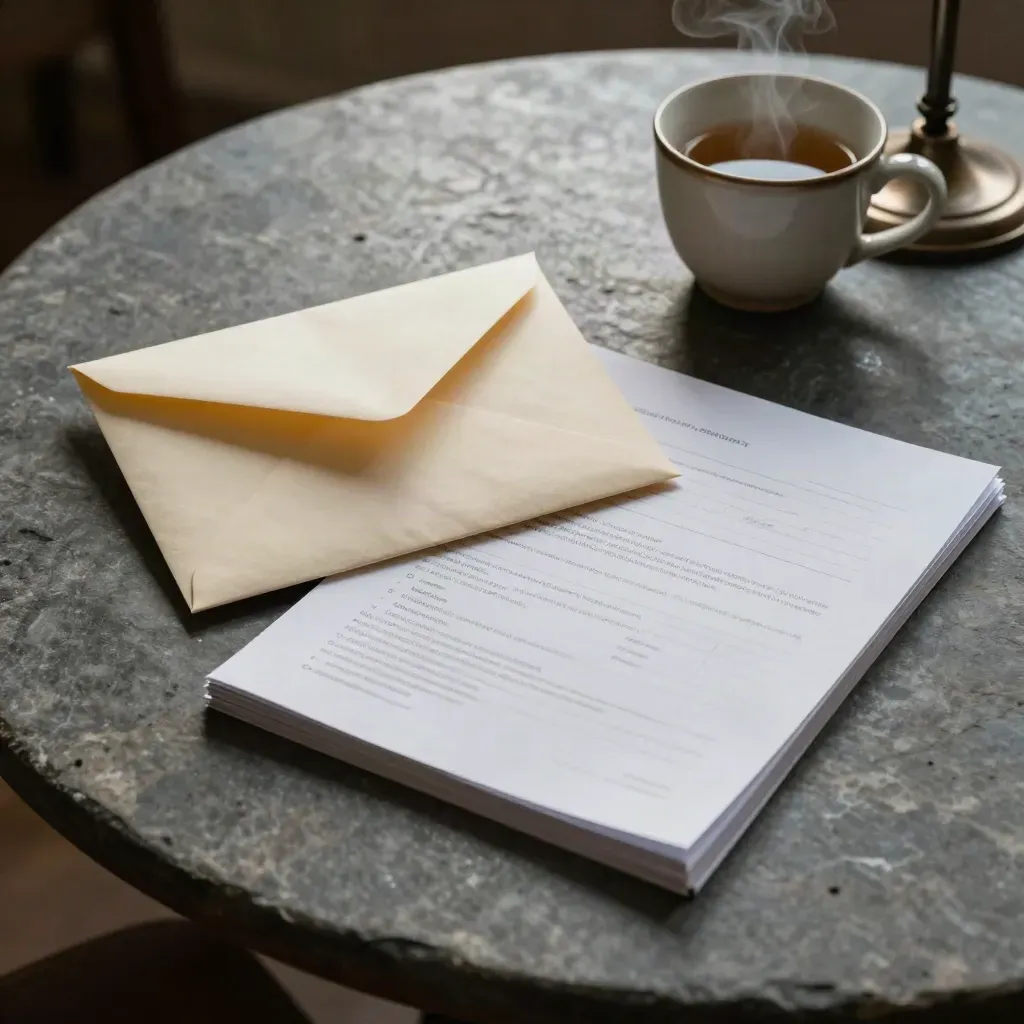 Umschlag, Papierstapel, Teetasse und Lampenfuß auf Steintisch im ruhigen Abendlicht.