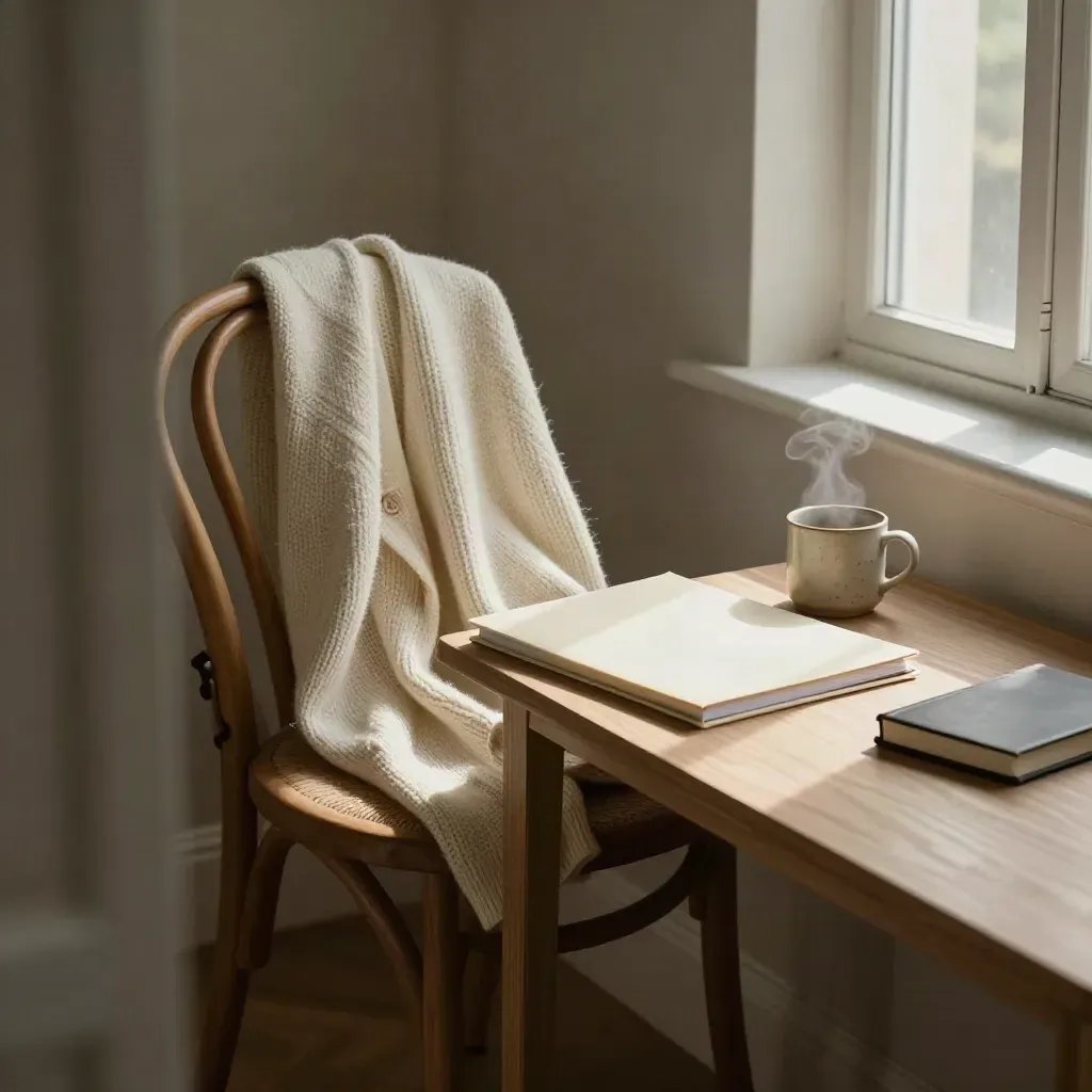 Strickcardigan, Bewerbungsmappe, Tasse und geschlossenes Notizbuch auf hellem Holz nach Regen.