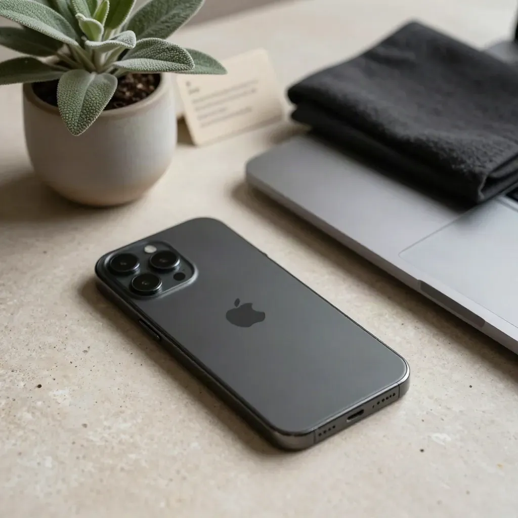Smartphone neben Laptop, Pflanze und Stoff auf hellem Stein, ruhig und modern.
