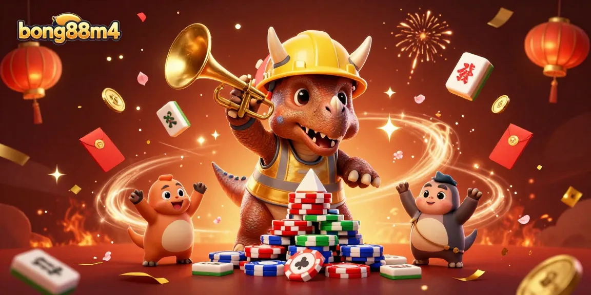 Bong88m4 casino scene with a triceratops building poker chips, celebrating with vibrant game elements.