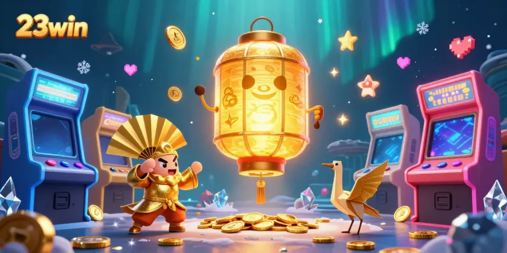 Experience thrilling gaming with 23win's vibrant lantern spirit illustration floating above a casino scene.