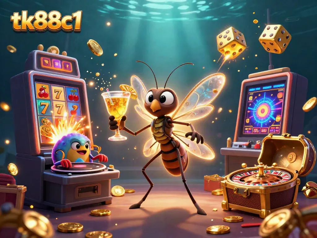Experience tk88c1's vibrant casino world with a lively frozen mosquito mascot and trilobite DJ.