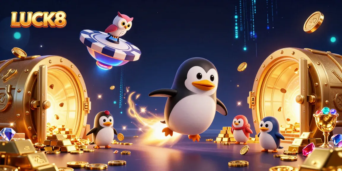 Experience the thrilling LUCK8 casino adventure with a golden penguin blasting through space!