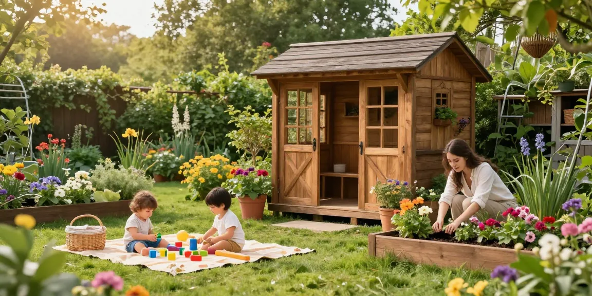 Ein Gartenhaus aus Holz in einer blühenden Gartenlandschaft mit Familie beim Picknick.