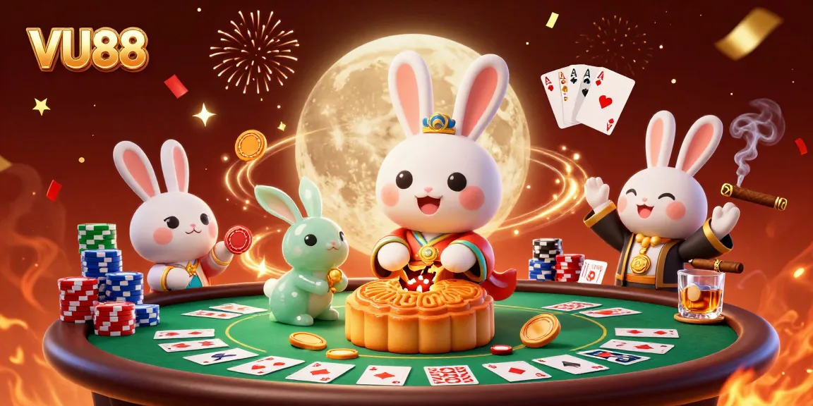 Experience the excitement of VU88 at a vibrant casino scene featuring moon rabbits and poker elements.