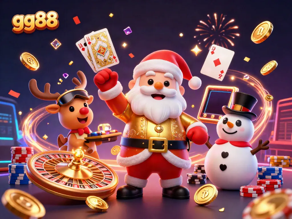Experience festive wins with gg88 in a vibrant casino scene featuring Santa, his reindeer, and a snowman.