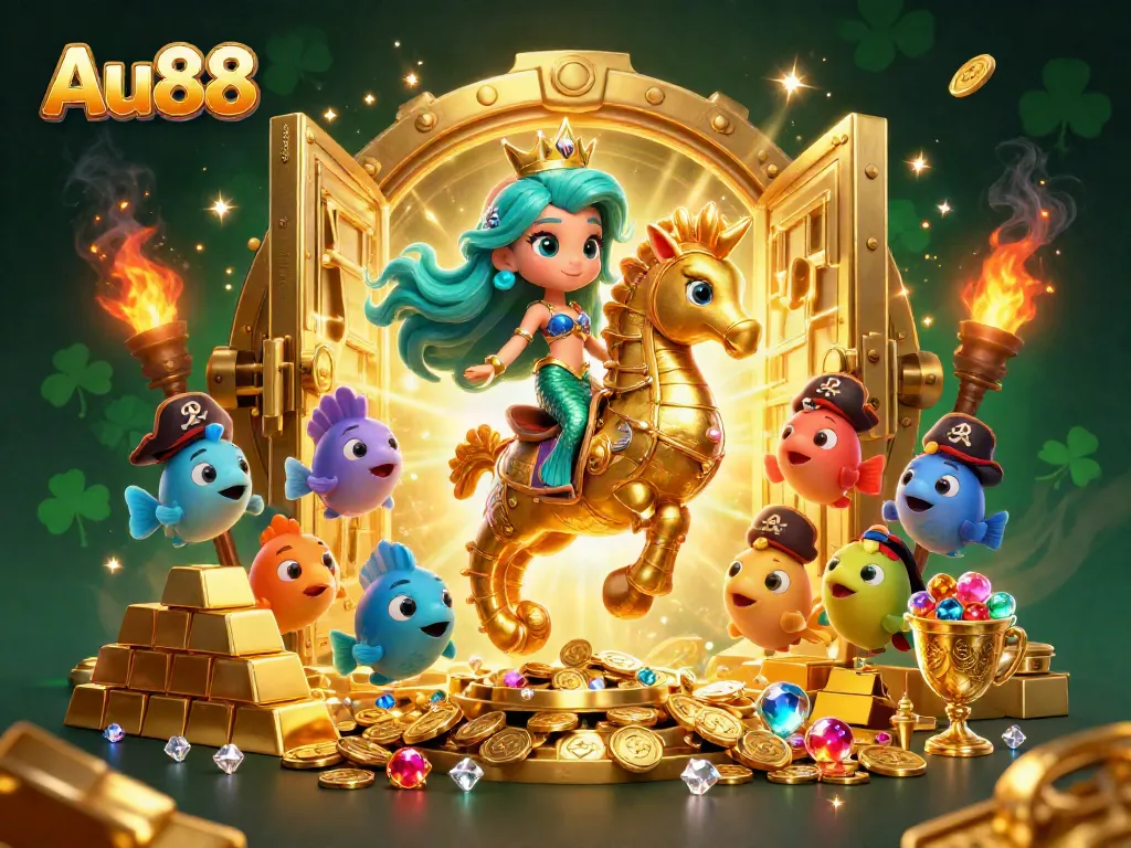 Experience thrilling gameplay at Au88 with a mermaid princess and seahorse in a vibrant casino scene.
