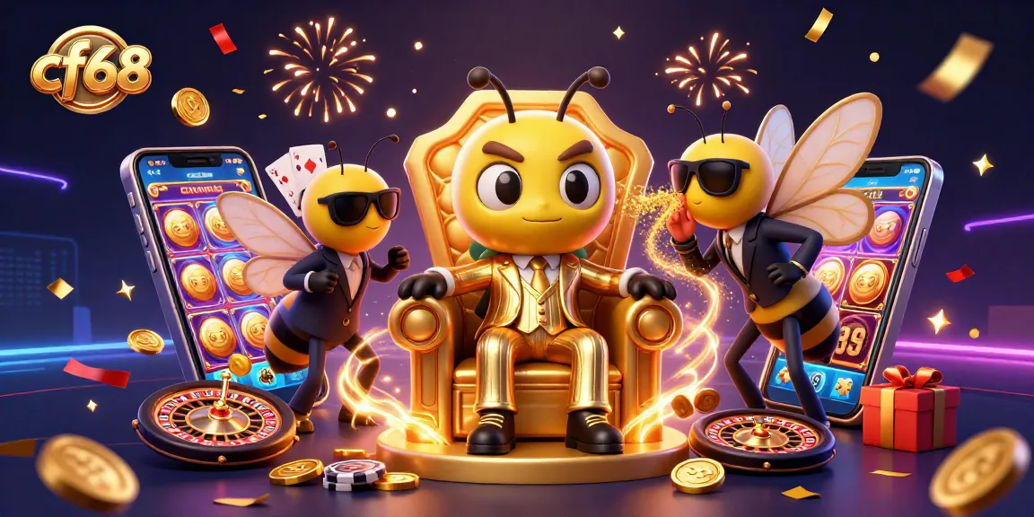 Experience thrilling gameplay with cf68's vibrant casino characters and gaming elements in a dynamic 3D illustration.