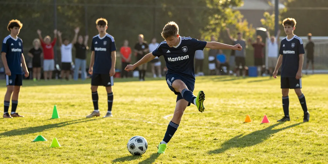 Junger Spieler mit Mantom-Trainer schießt auf einem Platz mit Matchball Fußball während des Trainings.