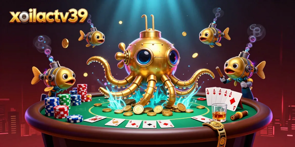 Engage with xoilactv39's lavish casino ambiance featuring a golden kraken submarine among poker elements.