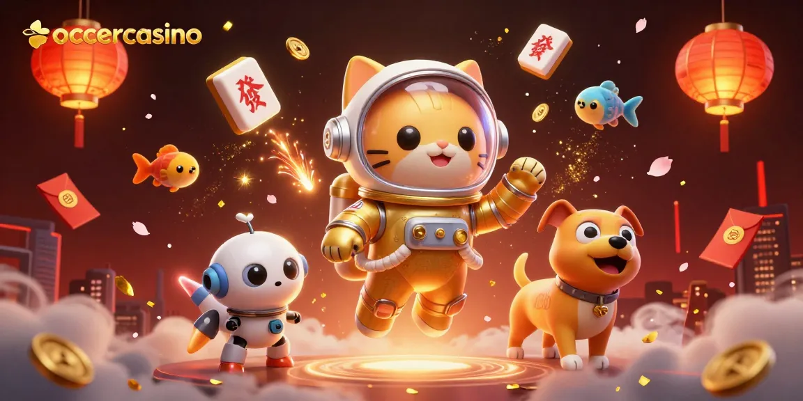 Erlebe das zoccercasino mit einer Astronauten-Katze, einem Roboterhund und schwebenden Mahjong-Steinen.