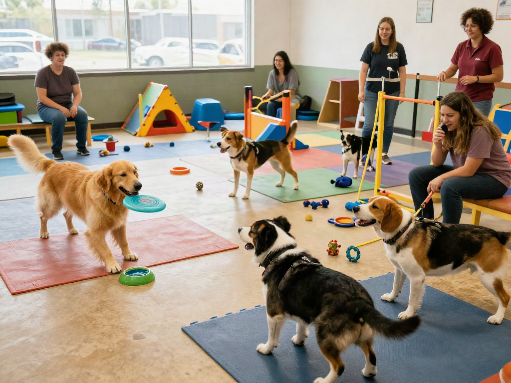 Excited dogs enjoying playtime in a dog daycare environment, showcasing the exhilarating pet care experience with slot 10k.