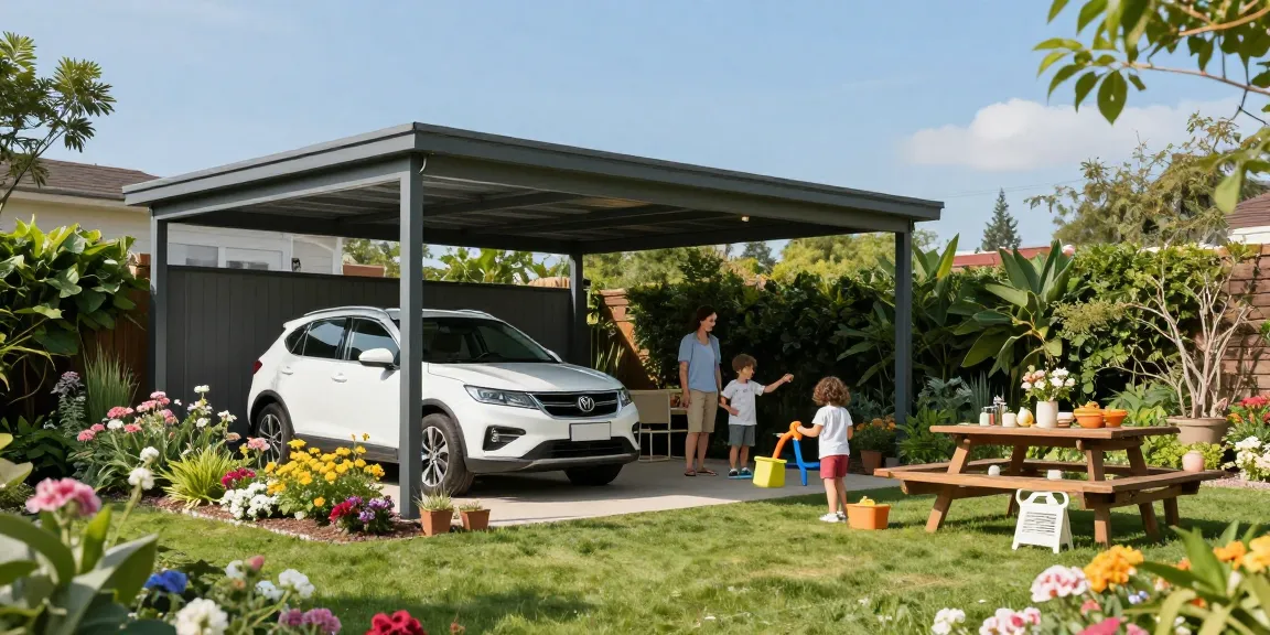 Moderne Carport-Struktur in einem Garten, Familie genießt den Außenbereich.