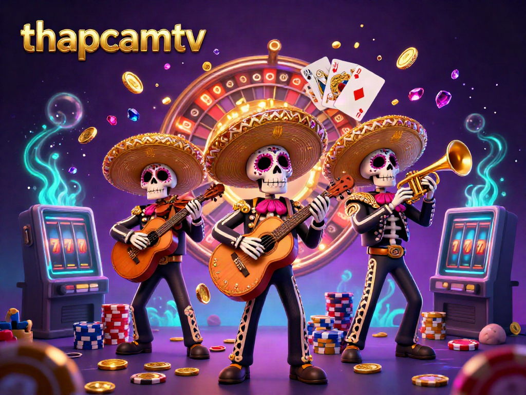 Join the vibrant celebration of thapcamtv with colorful mariachi skeletons, casino elements, and dynamic visuals.