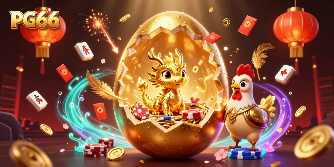 Experience dynamic gaming with PG66's colorful scene of a golden dragon amidst casino elements.