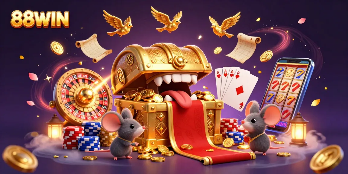 Experience the excitement of 88WIN with adventurer mice lured by treasure in a captivating casino scene.