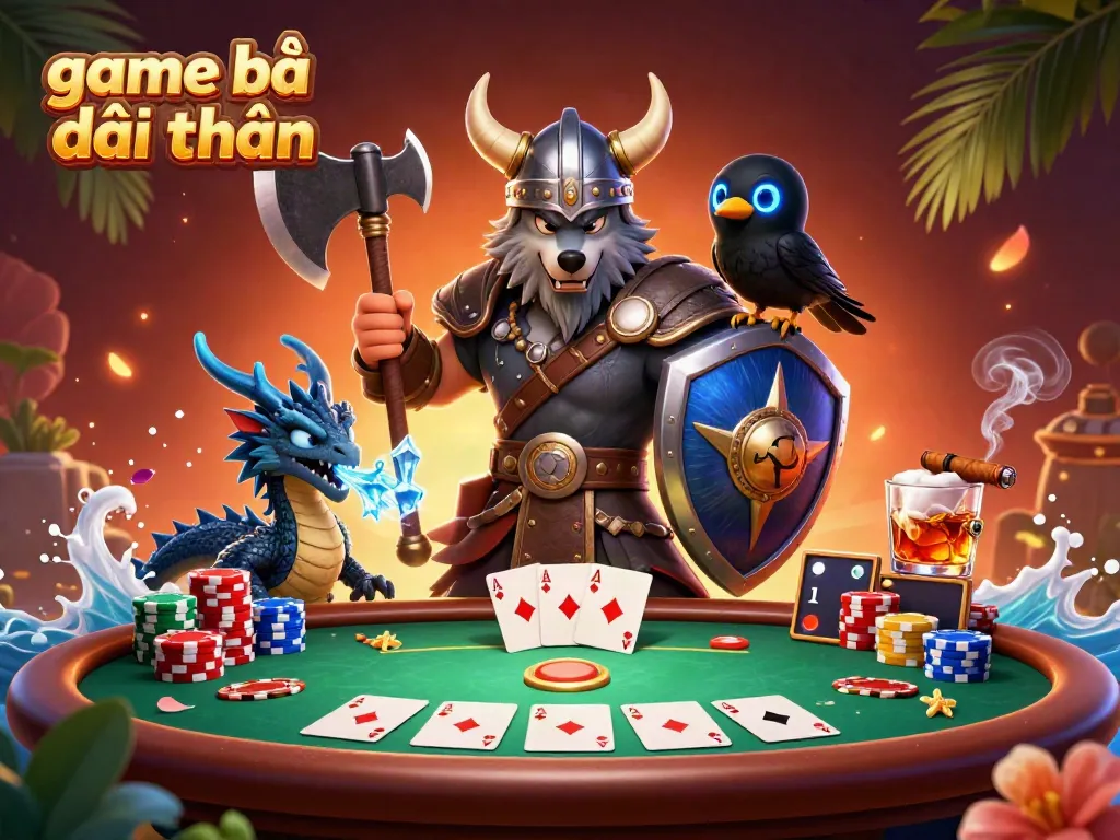 Experience thrilling moments with the game bài đổi thưởng scene featuring a Viking warrior, dragon, and poker elements.