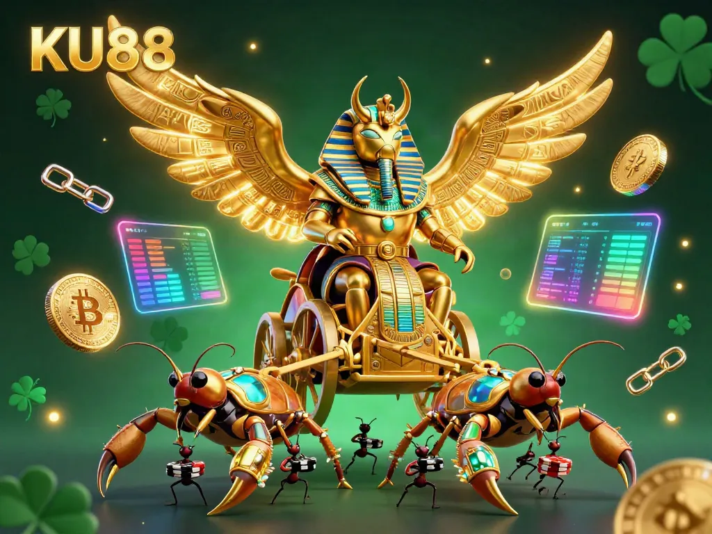 KU88 offers thrilling gambling experiences with dazzling golden scarab and chariot elements in an engaging casino scene.