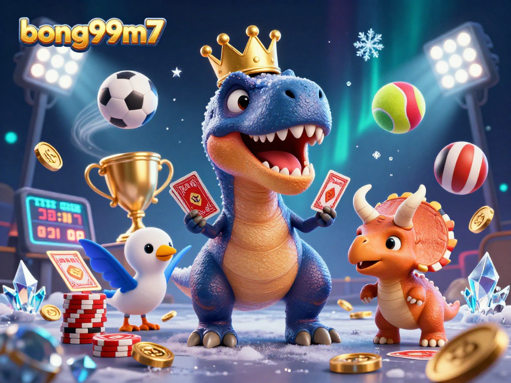 bong99m7 themed illustration of T-Rex card shuffling with chips, highlighting exciting gaming action