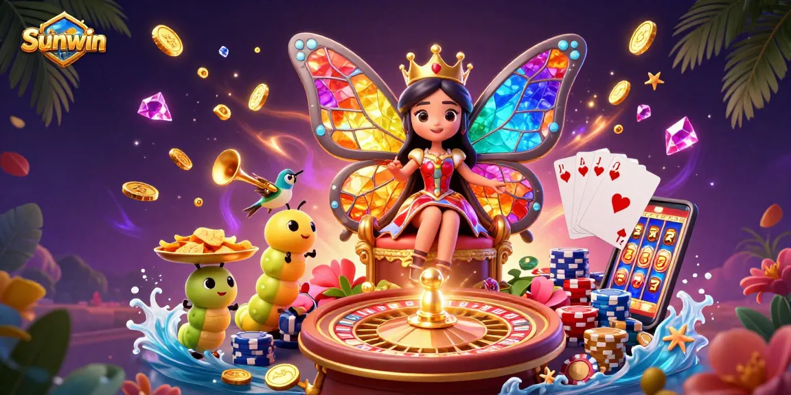 Sunwin brings vibrant gaming energy with a butterfly queen and golden chips in an imaginative casino scene.