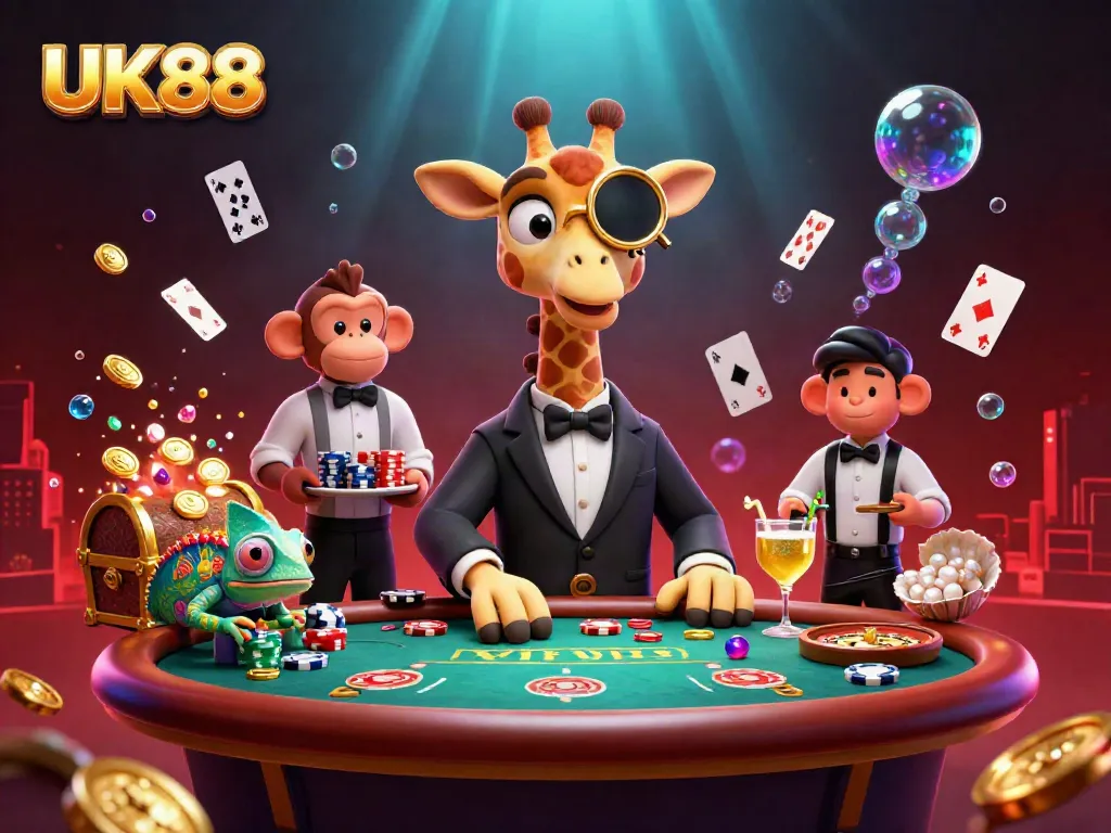 Experience the excitement of UK88 with a high-roller giraffe at a vibrant poker table surrounded by lavish casino elements.