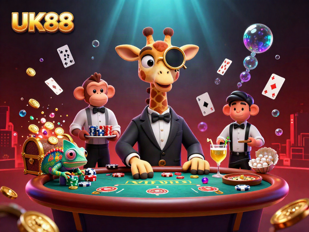 Experience the excitement of UK88 with a high-roller giraffe at a vibrant poker table surrounded by lavish casino elements.