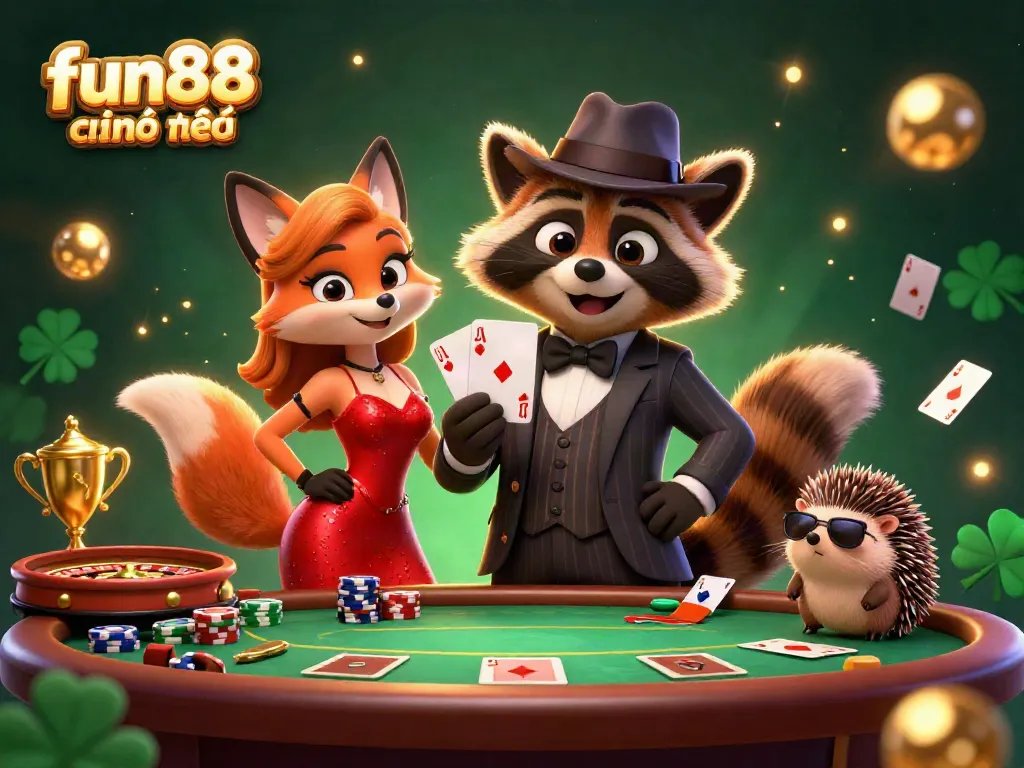 Experience the excitement of fun88 chính thức with a raccoon, fox, and hedgehog in a casino scene.
