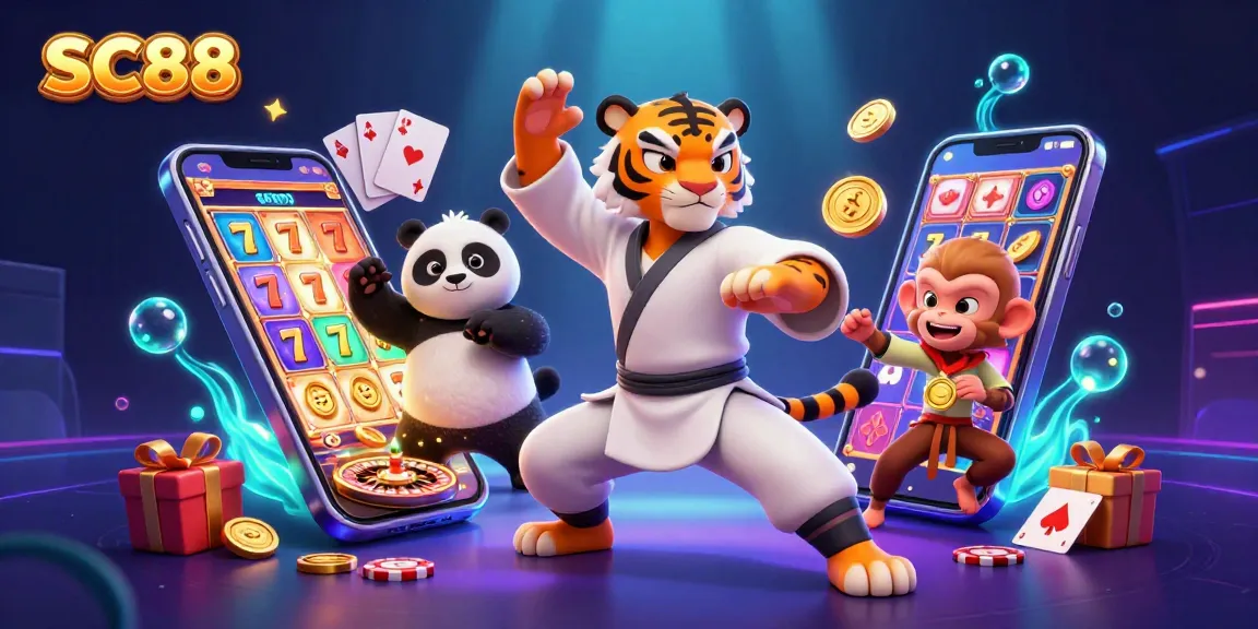 Experience SC88 with a vibrant scene of luck featuring a kung fu tiger master, panda disciple, and playful monkey amidst casino elements.