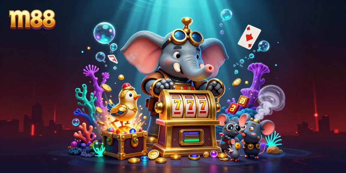 m88 enhances gameplay with a steampunk elephant engineer amidst vibrant casino scenes