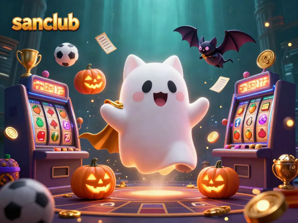 Experience thrilling wins with sanclub in a vibrant haunted casino ambiance, featuring friendly characters.