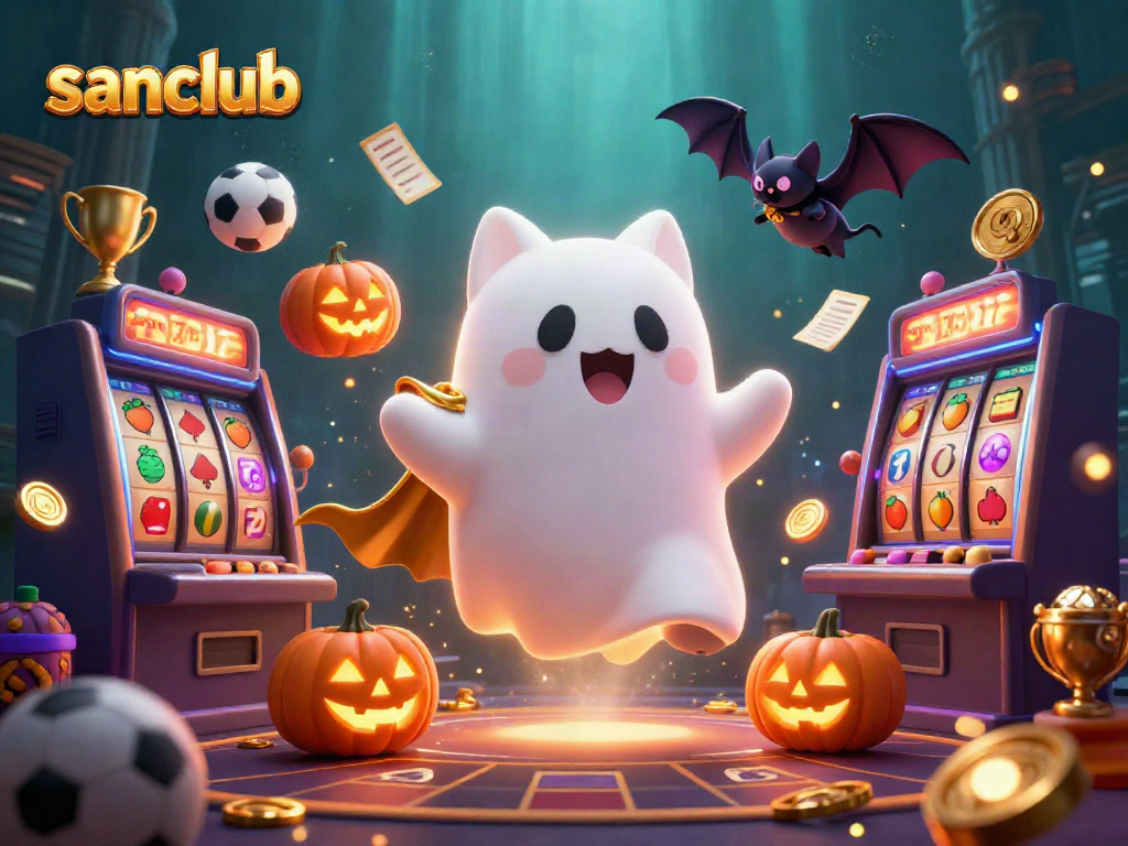 Experience thrilling wins with sanclub in a vibrant haunted casino ambiance, featuring friendly characters.