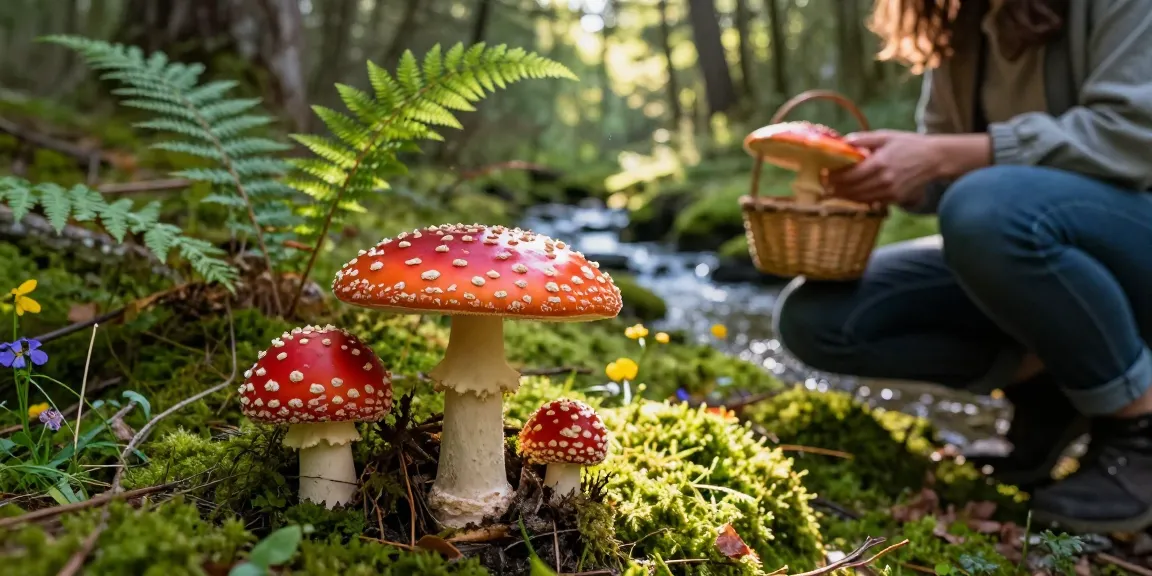 Untersuchung von Amanita Muscaria-Pilzen während des Online-Erlebnisses fliegenpilz bestellen in einer ruhigen Waldumgebung.